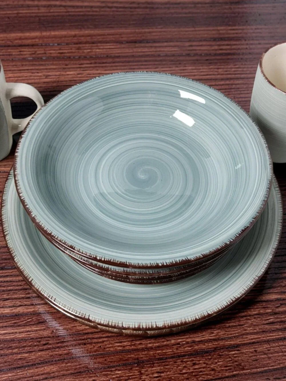 Vintage Royal Norfolk 1980s aqua swirl pattern Brown Edges 4pc. setting ceramic